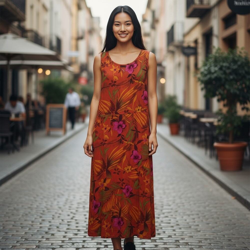 Vintage Y2K 2000s Zoey & Beth Tropical Floral Midi Tank Dress Large Vacation